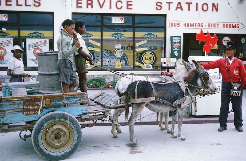 A donkey cart stopping to fill up with water somewhere in the Cape Province of South Africa